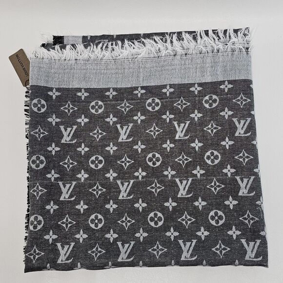 Louis Vuitton Silk/Wool Monogram Scarf Shawl Stole Black/Gray Made in Italy - Picture 11 of 16